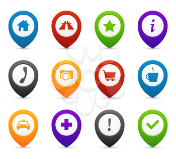 Mapping push pins with location icons for web and mobile application. Vector symbols set of navigation for travel illustration