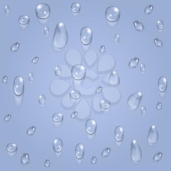 Light blue transparent water drops vector background. Rain and dew illustration