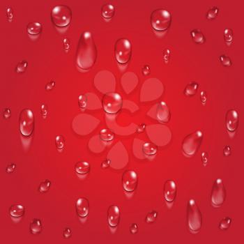 Bright red transparent water drops vector background. Rain droplet illustration