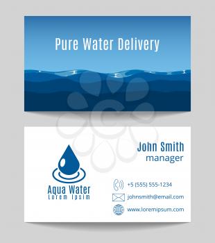 Pure water delivery business card both sides template. Natural drink freshness, vector illustration