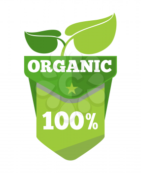 Organic natural eco label with leaves. Green symbol sticker, vector illustration