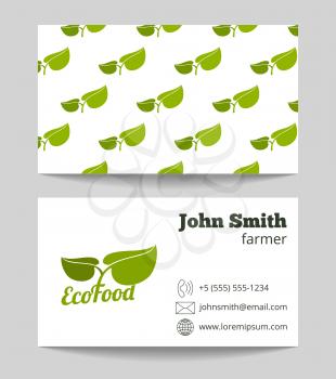 Organic natural food farmer business card. Banner with green leaf. Vector illustration