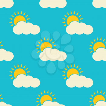 Vector clouds weather seamless pattern background with blue sky and sun illustration
