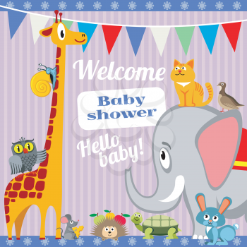 Baby shower invitation card with cute animals. Vector template banner with elephant and giraffe, cat and turtle illustration