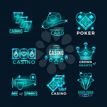 Vintage neon poker tournament and casino vector icons. Logo for casino club illustration