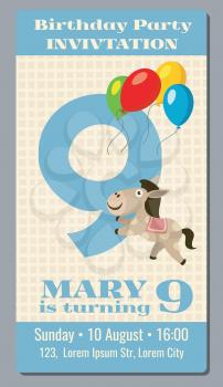 Birthday party invitation card with cute horse vector template 9 years old. Poster invintation to birthday celebrate illustration