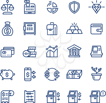 Money finance payments business vector thin line icons set. Banking technology, exchange currency illustration