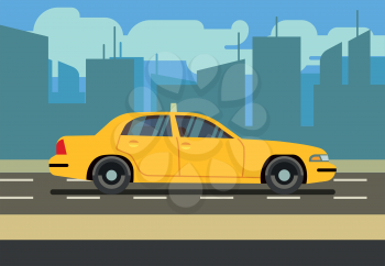 Yellow car taxi cab in cityscape vector illustration. Transportation service on road