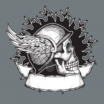 Retro motorcycle vector t shirt design biker skull emblem. Biker tattoo helmet with wings illustration