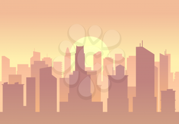 Vector city flat skyline. Urban panorama sunrise or sunset illustration
