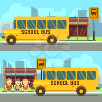 Schoolboy and schoolgirl waiting for yellow school bus vector illustration