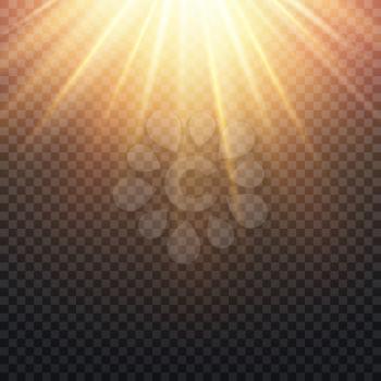 Realistic transparent yellow sun rays, warm orange flare effect isolated on checkered background. Sunshine from star, sunbeam bright illustration