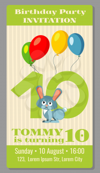Kids birthday party cartoon animals bunny invitation. Vector illustration