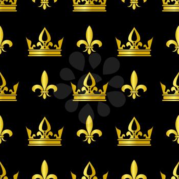 Golden crowns and fleur de lis vector seamless pattern. Queen vintage background illustration