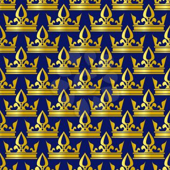 Golden crowns blue vector seamless pattern. Vintage ornate background illustration