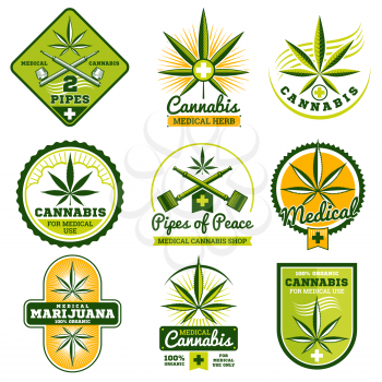 Marijuana, hashish, drug medicine vector logos and labels set. Medical cannabis plant, illustration of legal label cannabis