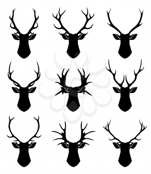 Deer horns, reindeer heads vector silhouettes set. Animal deer black silhouette, illustration of wild deer