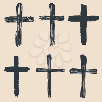 Grunge religious, baptism, christian crosses, crucifix symbols vector graphic paint set. Crucifix christian conceptual symbol illustration