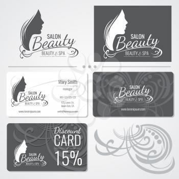 Beauty salon vector business card templates with beautiful woman face silhouette logo. Illustration of card beauty salon, silhouette of fashion girl on card