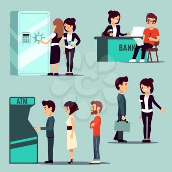 People in the bank, vector banking service, business concept. Worker bank on reception, queue waiting to bank atm illustration