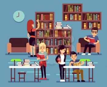 Studying students in library interior with books and bookshelves vector illustration. Student college in library studying and reading, student learning textbook
