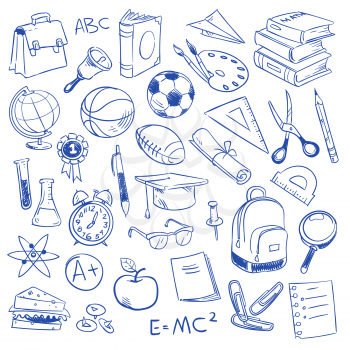 School education and science, geography and biology, physics and mathematics, astronomy and chemistry doodle, sketch drawing vector icons. Hand drawn education elements illustration