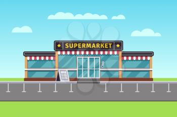 Supermarket building, shopping market, mall vector illustration. Big market building, illustration of commercial store market