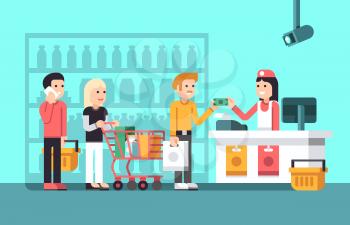 Super market, mall interior with people, saleswoman and store display flat vector illustration. Supermarket with buyer, counter and shopper in market