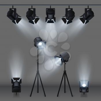 Lighted stage with studio spotlights vector illustration. Spotlight for studio and show, bright spotlights effect light illustration