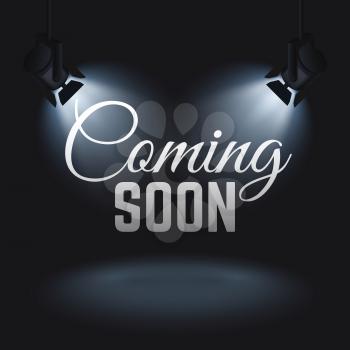 Coming soon vector mystery retail concept with spotlights on stage. Promotion banner coming soon, illustration of illuminated text coming soon