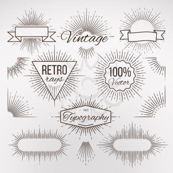 Vintage burst shape decoration for typography, retro stars light ray, sunshine sketchy radiant lines vector collection. Illustration of emblems with radiant lines