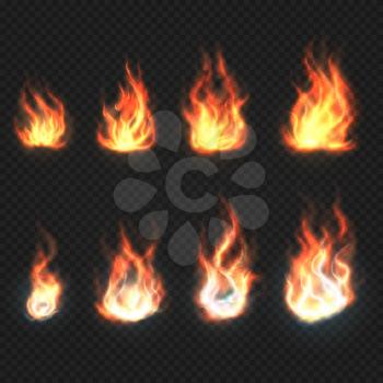 Isolated fire flames, power and energy symbols vector set. Flame burn, illustration of heat power flame