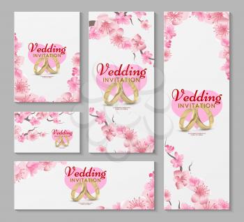 Vector greeting and wedding invitation cards with japanese sakura, cherry blossom flowers. Invitation wedding with cherry flower, illustration of spring sakura flower