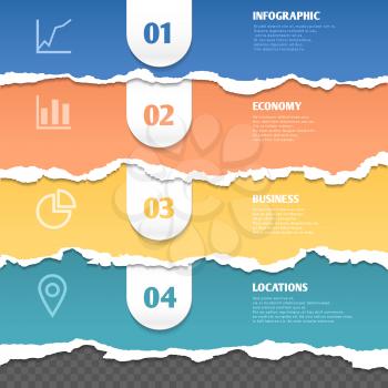 Colored stripes of torn paper, vector infographic template with text and icons. Torn banner with information, illustration of grunge torn horizontal cardboard