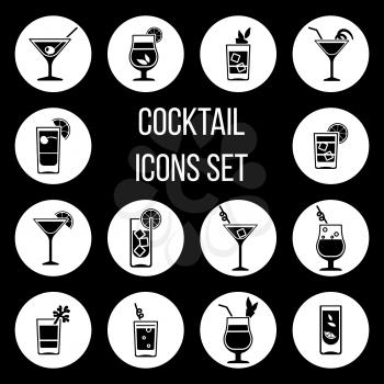 Cocktail vector icons set in black and white. Monochrome alcohol drink illustration