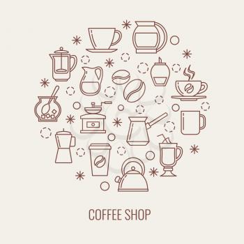 Coffee thin line vector icons set in a circle. Illustration of drink coffee concept