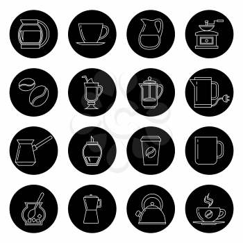 Coffee thin line vector icons set in black and white. Monochrome linear collection icons illustration