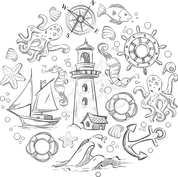 Sea underwater life, marine vector elements. Compass and starfish, octopus and lighthouse, illustration of sea badge vintage