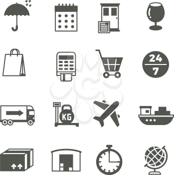 Global delivery, shipping truck and package vector icons. Delivery and distribution, storehouse and cargo lorry, delivery and logistic service illustration