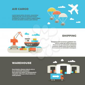 Delivery cargo transportation and logistics service vector advertising banners. Warehouse with container and shipping, illustration air and sea shipping