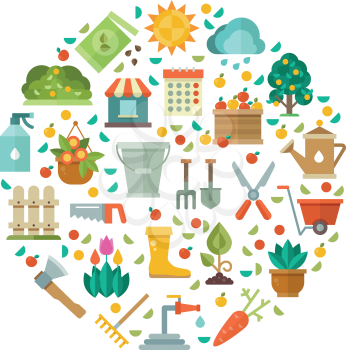 Gardening design with garden tools, vegetable seeds and flowers vector icons. Gardening tool illustration, shovel and ax for work at garden
