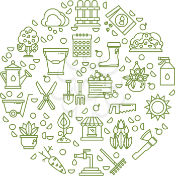 Farming equipment, planting, flowers, garden line vector icons. Gardening tool line badge, watering and trowel to garden illustration