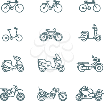Motorbike, motorcycle, scooter, bike, bicycle thin line vector icons. Linear motorbike and bicycle, illustration of scooter and motor bike