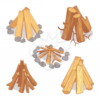 Wood stacks and hardwood firewood, wooden logs cartoon vector set. Timber for firewood, illustration of hardwood timber log
