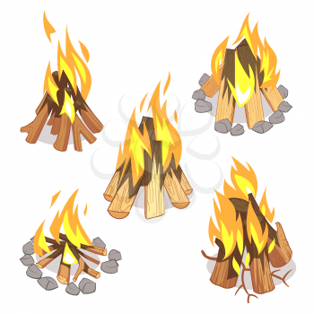 Campfire, outdoor bonfire with burned logs cartoon vector set. Wood burn light, illustration of warm bonfire with wood