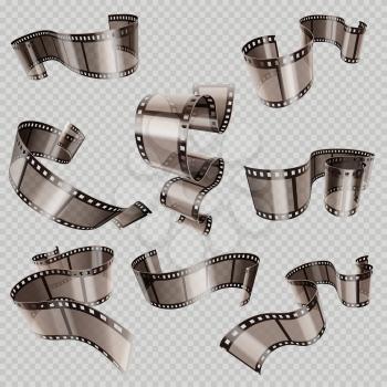 Retro 35mm foto and movie film roll vector set. Video tape part, illustration of cinematography multimedia tape photography
