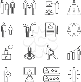 Team work line icons and management linear vector signs. Business management icons, illustration business teamwork