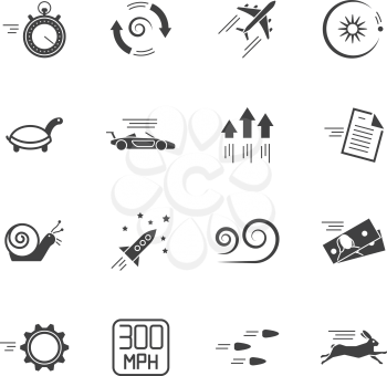 Velocity, speed and performance vector icons isolated on white background. Velocity engine car and illustration of velocity rocket, snail and turtle