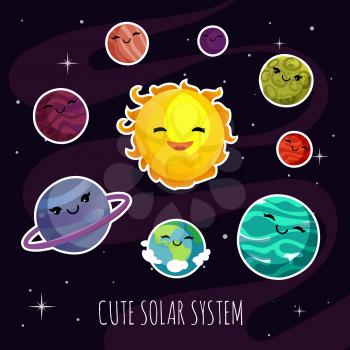 Cute and funny cartoon planets stickers of solar planetary system. Kids astronomy education vector. Set of colored planets in galaxy, illustration of cartoon planets