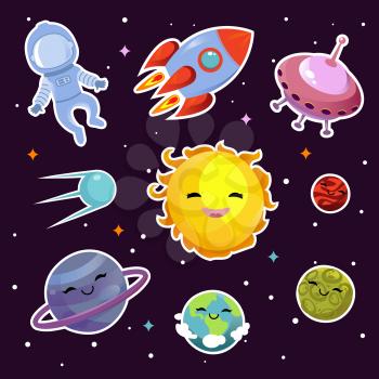 Space vector fashion patch badges with planets, stars and alien spaceships. Planets and sun badges, illustration of star sun badge